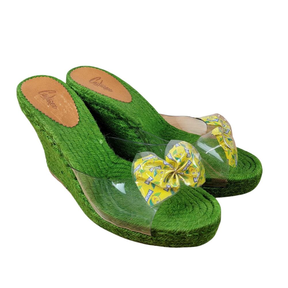 Green Wedge Sandals with Clear Strap and Yellow Bow